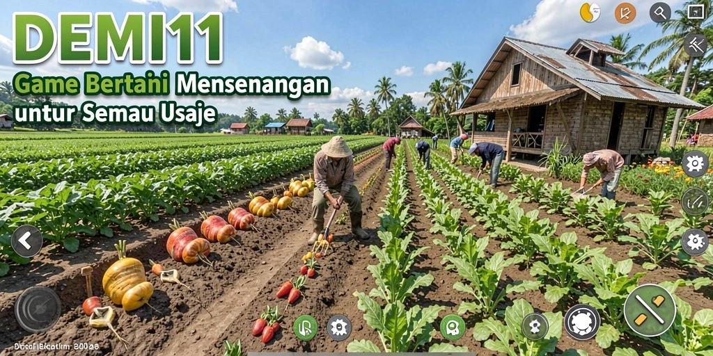 Screenshot utama DEMI11 menampilkan suasana ladang yang indah dengan aktivitas bertani