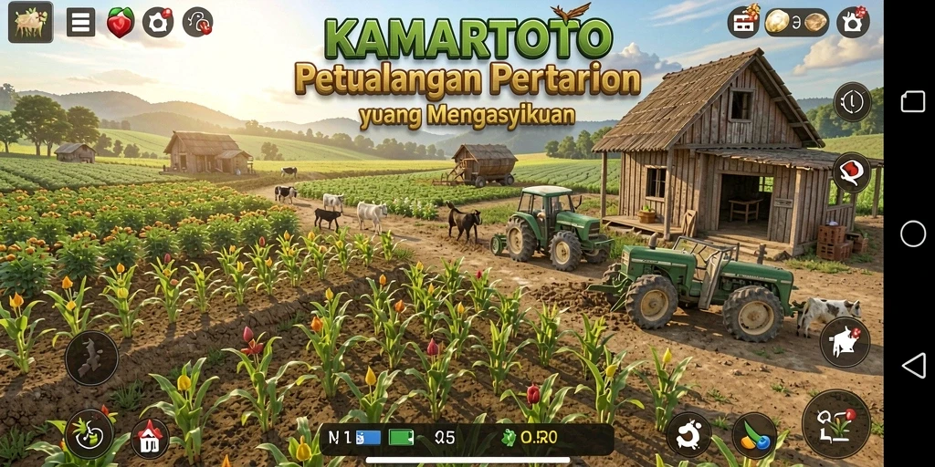 Tampilan gameplay KAMARTOTO dengan pertanian yang indah dan berwarna-warni.