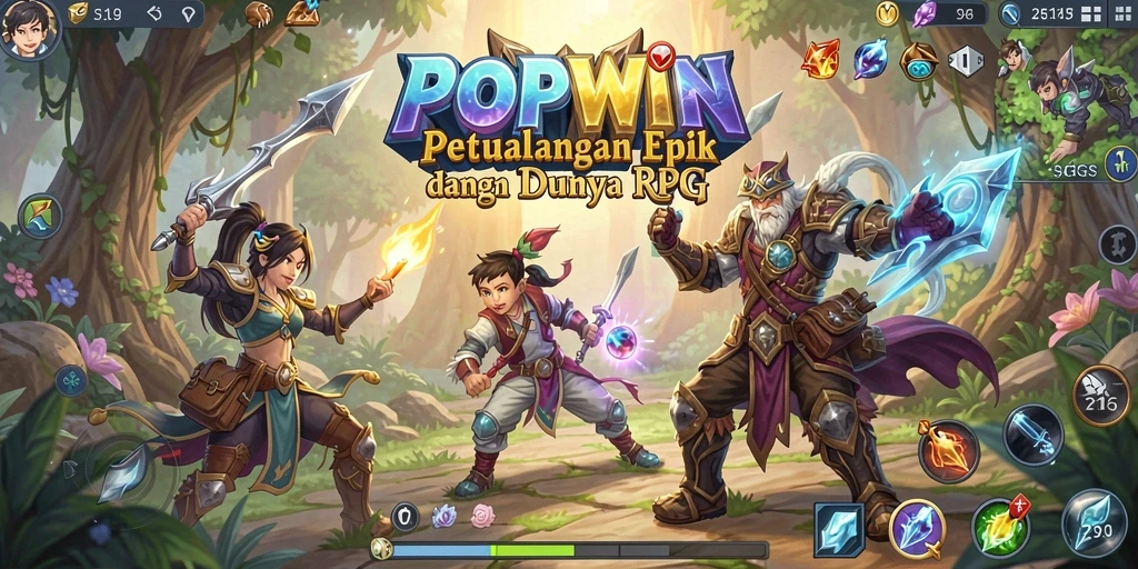 Screenshot utama POPWIN menampilkan pertempuran seru dalam dunia RPG.