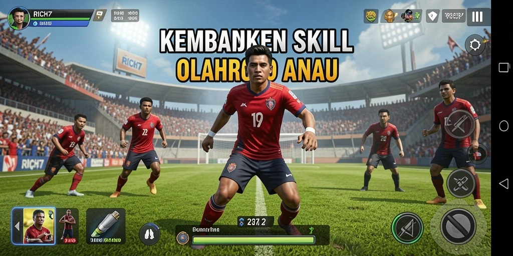 Screenshot utama RICH7 menampilkan gameplay seru dengan aksi olahraga.