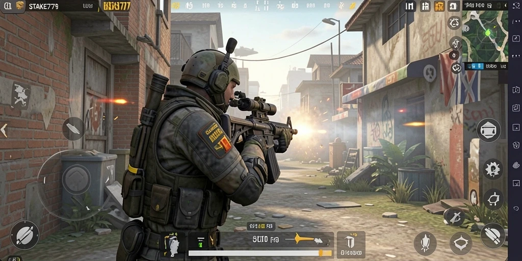 Tampilan gameplay STAKE779 dengan aksi tembak menembak yang intens.