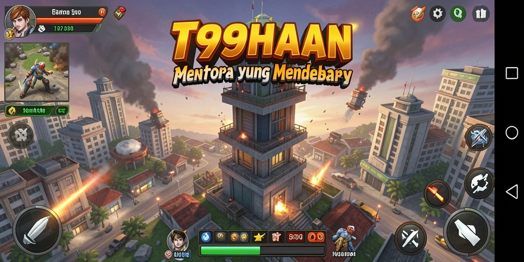 Tangkapan layar menampilkan gameplay menara dalam T9999 dengan aksi seru.