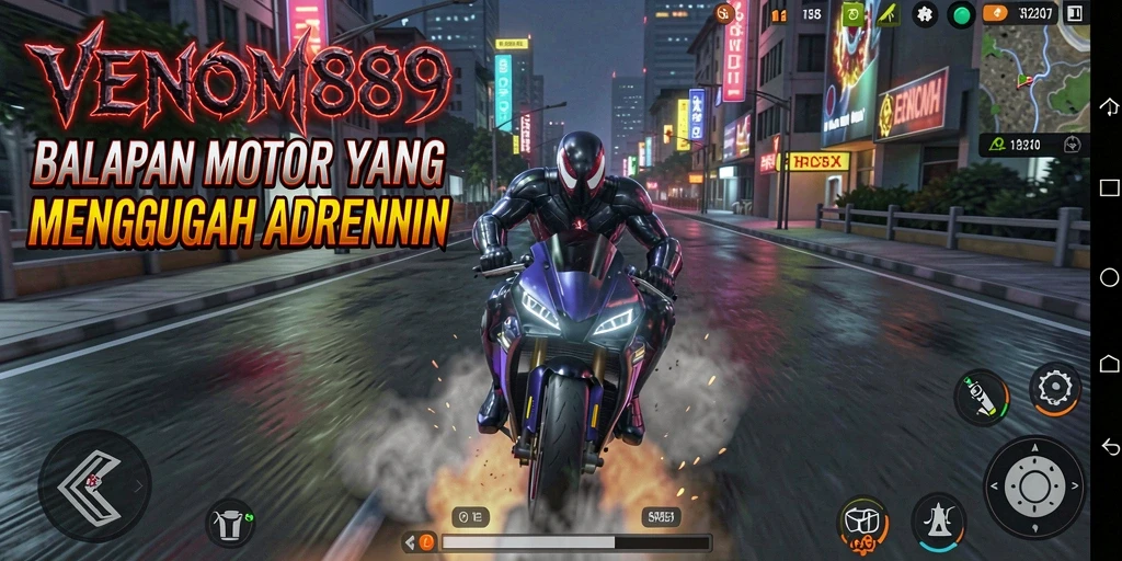 Tampilan tangkapan layar yang menunjukkan aksi balapan motor yang mendebarkan.